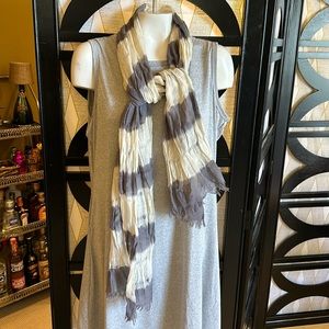 J. Crew Ivory & Gray Striped Gauze Like 68” Long Scarf w/ Fringe.